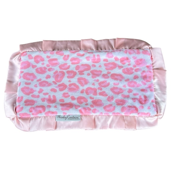Minky Couture Pink Cheetah Plush Lovey Security Blanket Burp Cloth Satin Trim - Picture 1 of 8